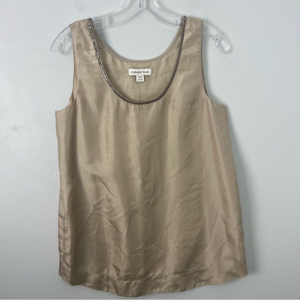 Coldwater Creek 100% Silk Tan Sleeveless Top with Decorative Trim